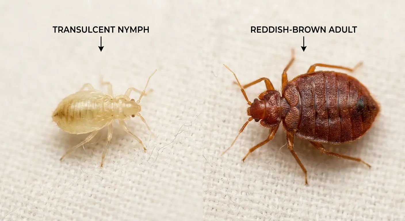 Comparison of a pale bed bug nymph and a reddish-brown adult bed bug showing color difference