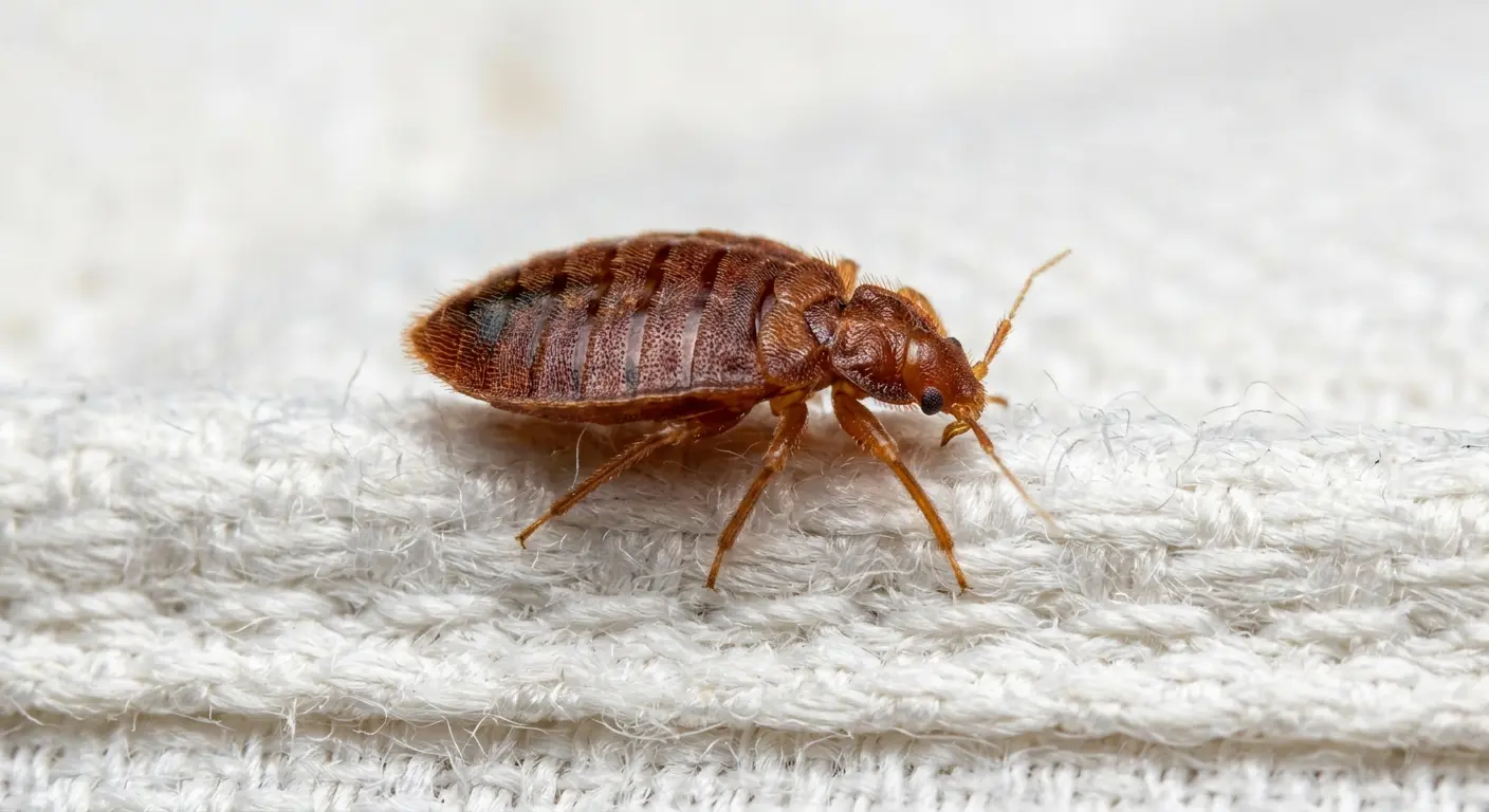 Close-up of a brown adult bed bug on a mattress seam, showing its reddish-brown oval body