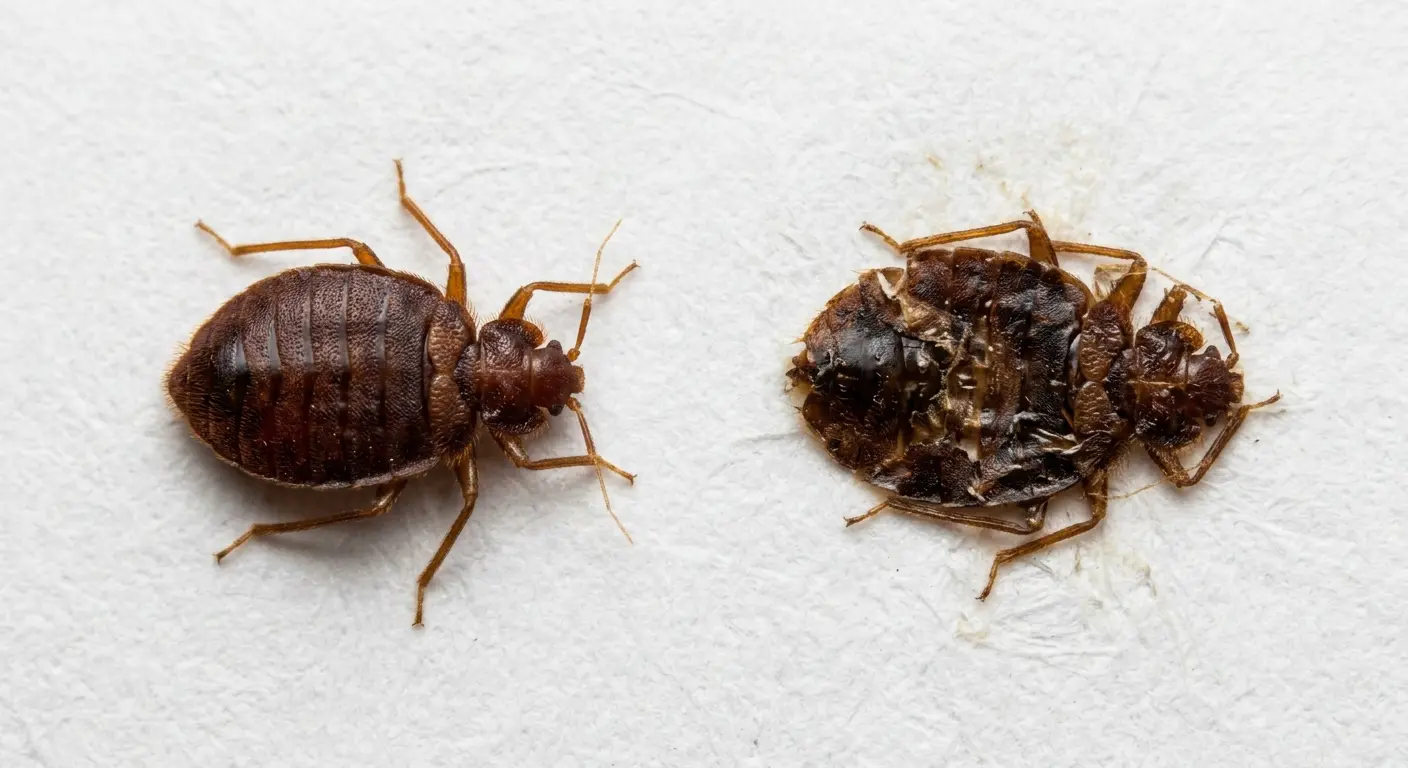 Comparison of a live bed bug and a squished bed bug showing the difference in appearance