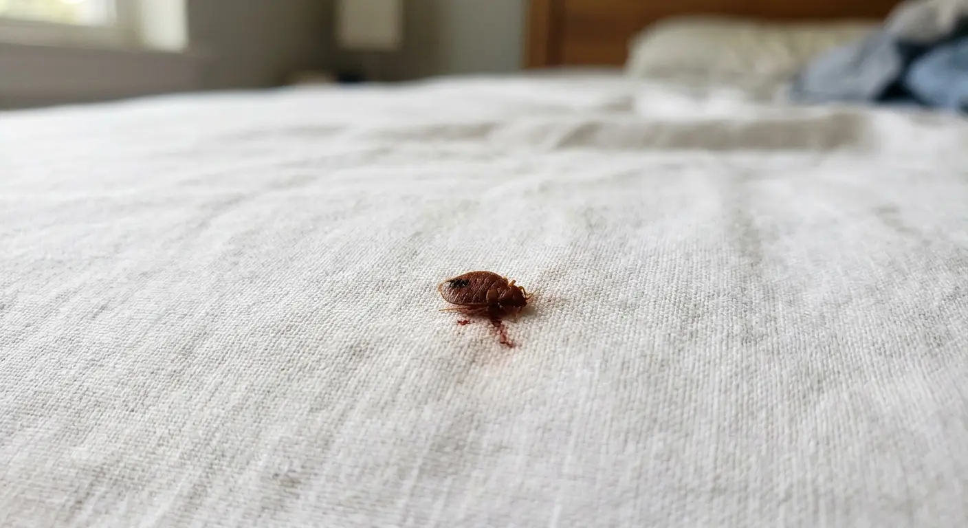 Close-up of a squished bed bug leaving a reddish-brown blood stain on a white sheet