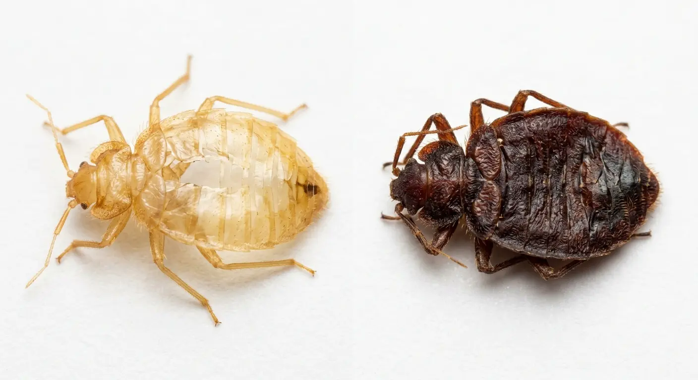 Comparison of empty bed bug shell vs dead bed bug body showing key differences
