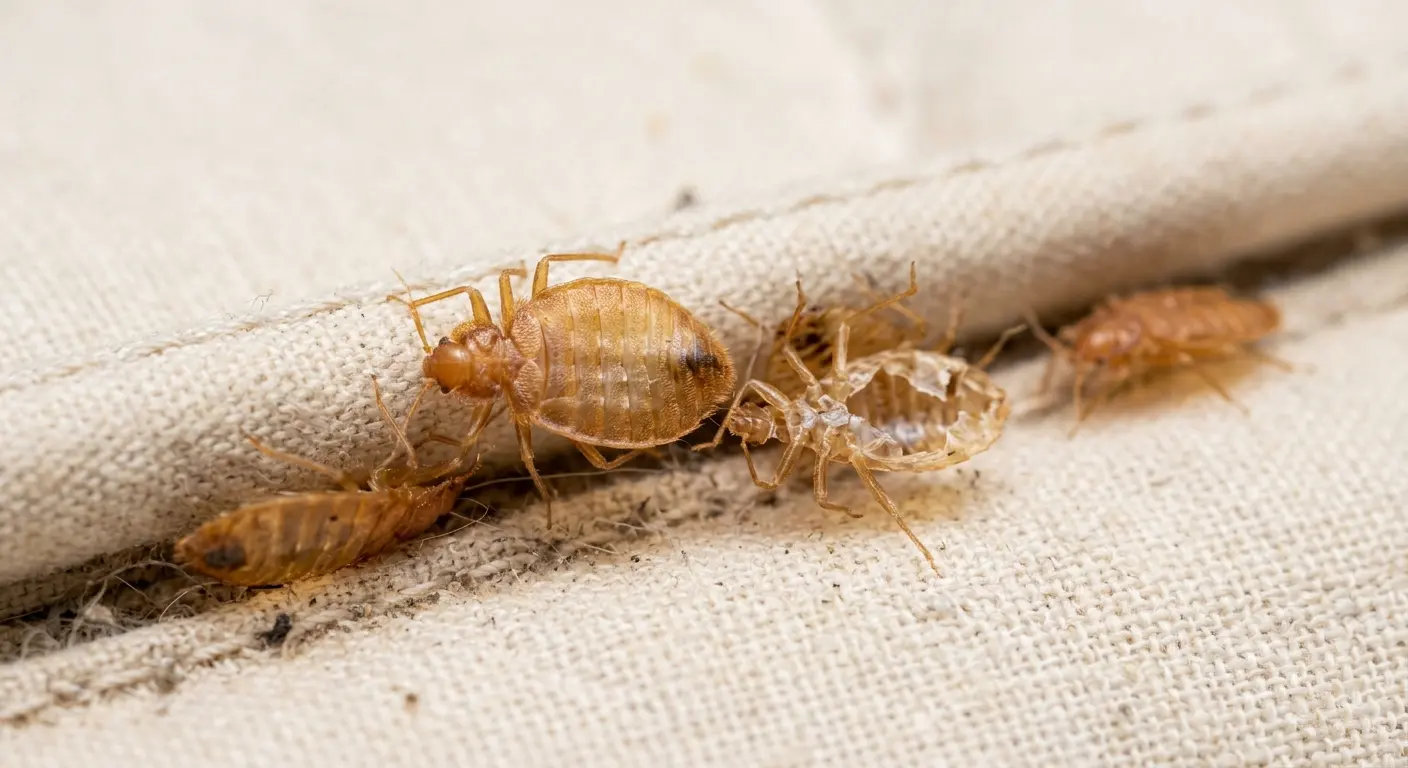 Dead bed bug shells on mattress seam showing translucent pale yellow casings