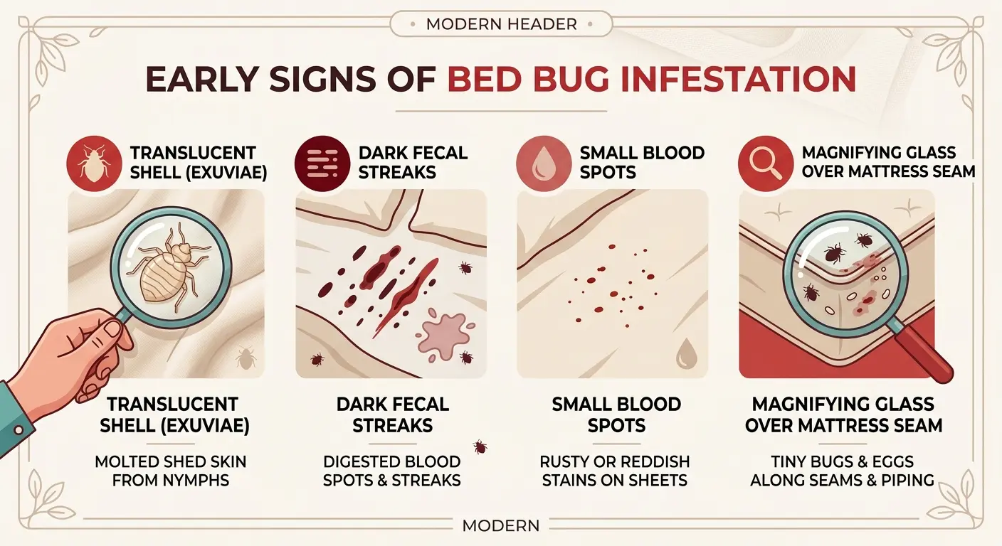 Infographic of early signs dead bed bug shells indicate including fecal spots and blood stains