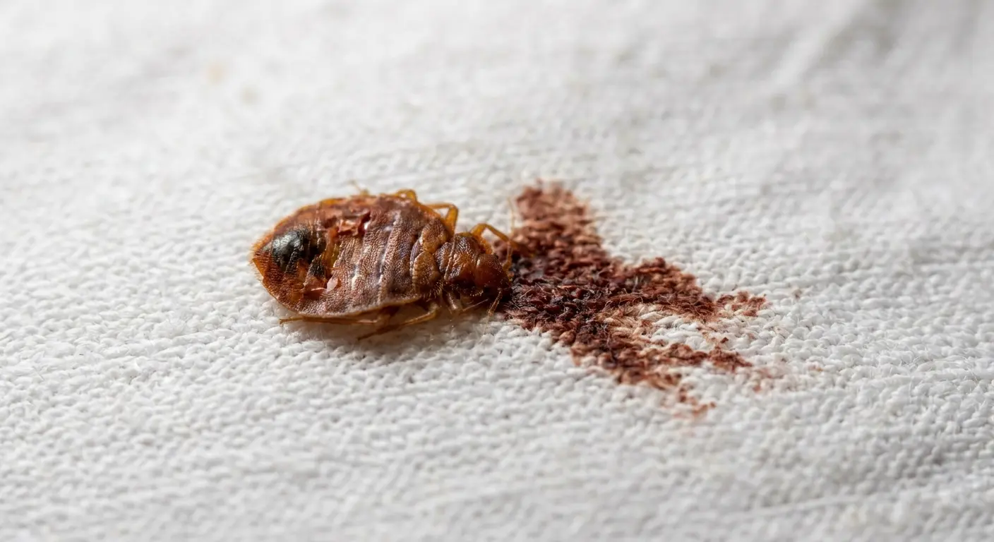 Flattened squished bed bug carcass with a rusty blood smear on white bed sheet fabric