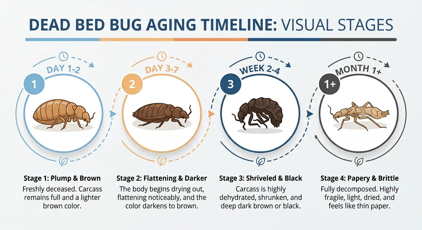Infographic illustrating the visual aging stages of a dead bed bug from fresh to dried