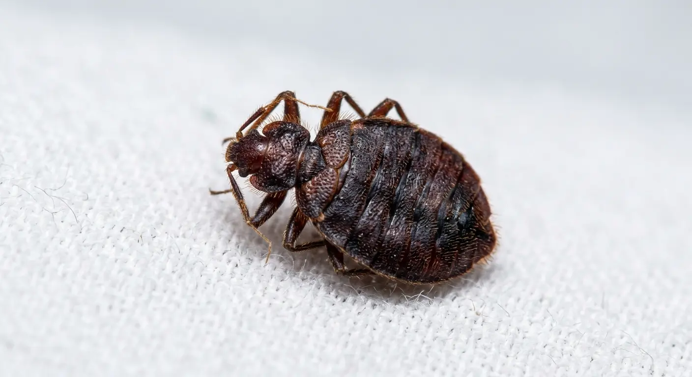 Close-up of a dried dead bed bug carcass showing flattened body and curled legs