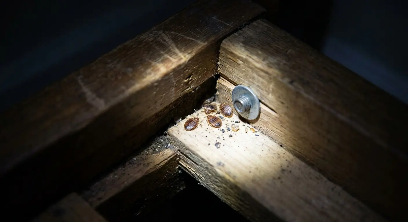 Flashlight revealing dead bed bugs in a bed frame crevice during home inspection