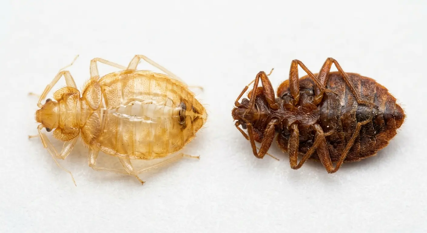 Side-by-side macro view of a translucent bed bug husk with a split down its back next to an opaque dried dead bed bug carcass
