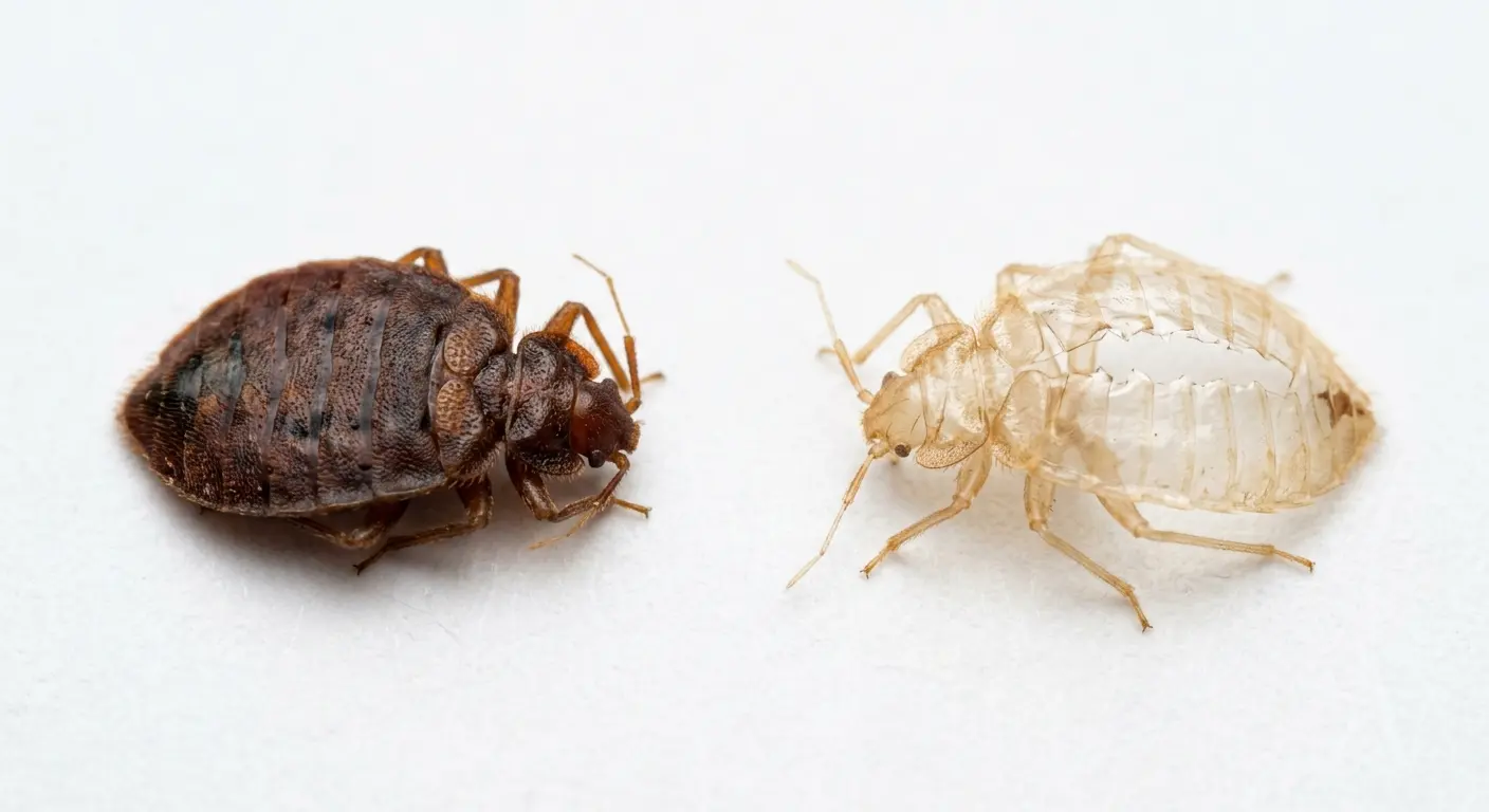 Comparison of a dead bed bug carcass and a translucent bed bug shell showing key differences