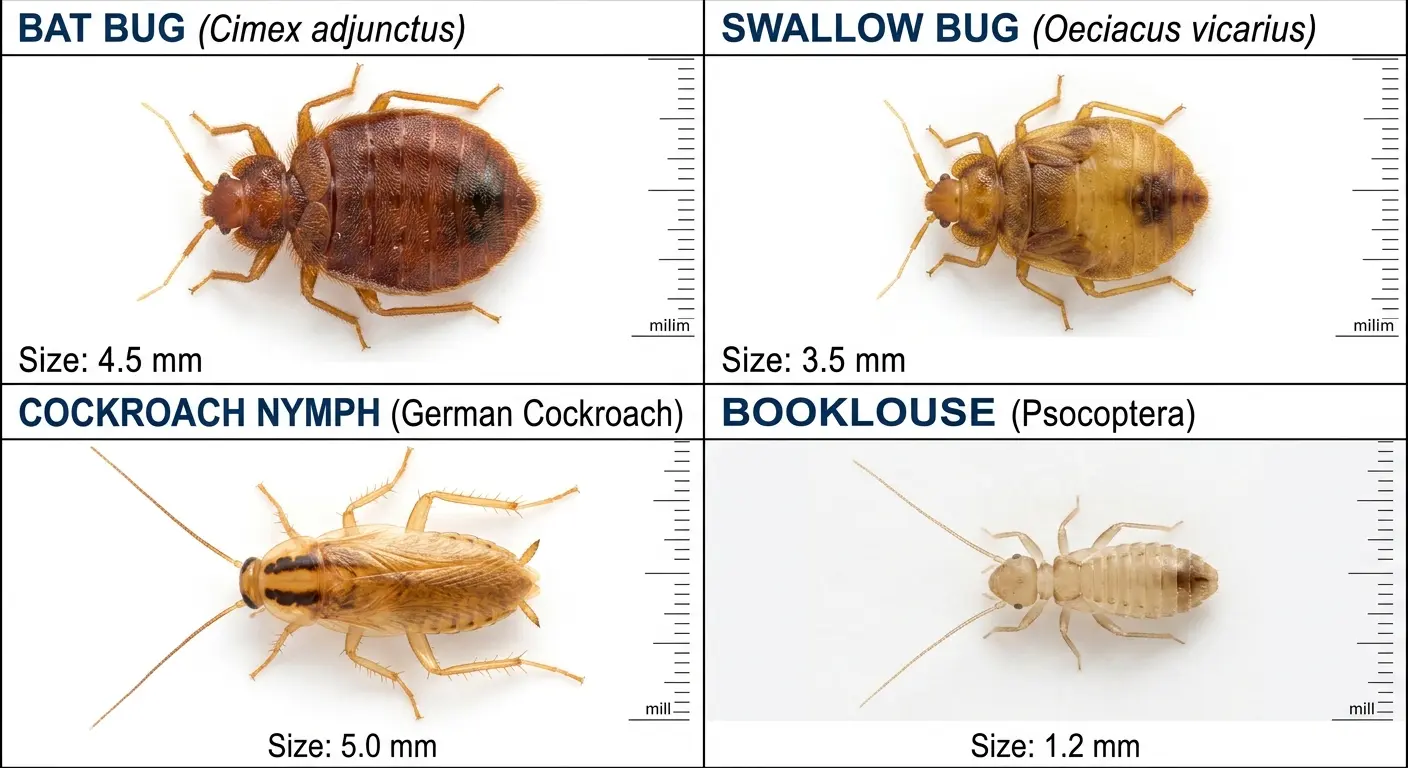 Comparison of bed bug look-alikes including bat bug, swallow bug, cockroach nymph, and booklouse
