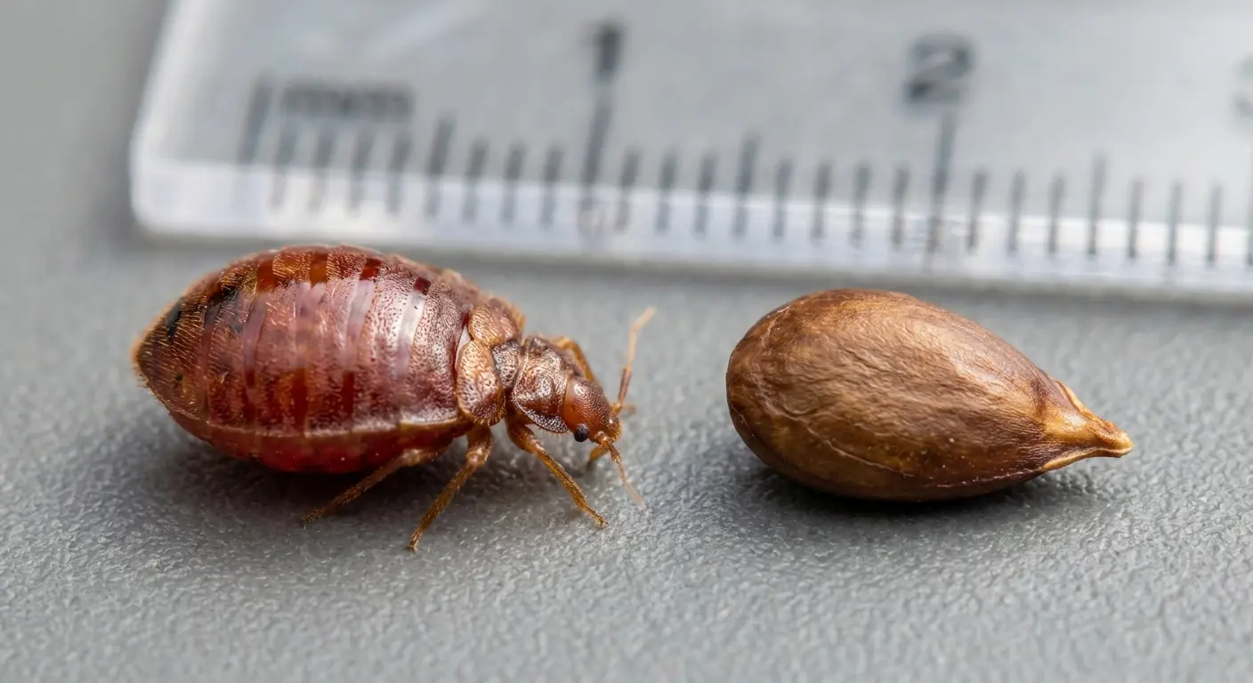 Giant bed bug next to apple seed showing size comparison after feeding