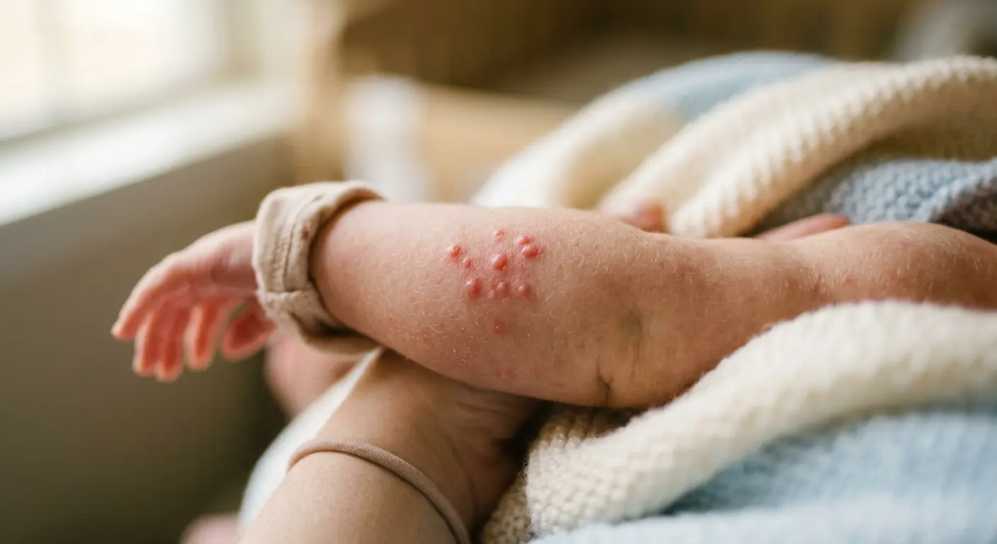 Newborn bed bug bites appearing as small red bumps on a baby&rsquo;s arm