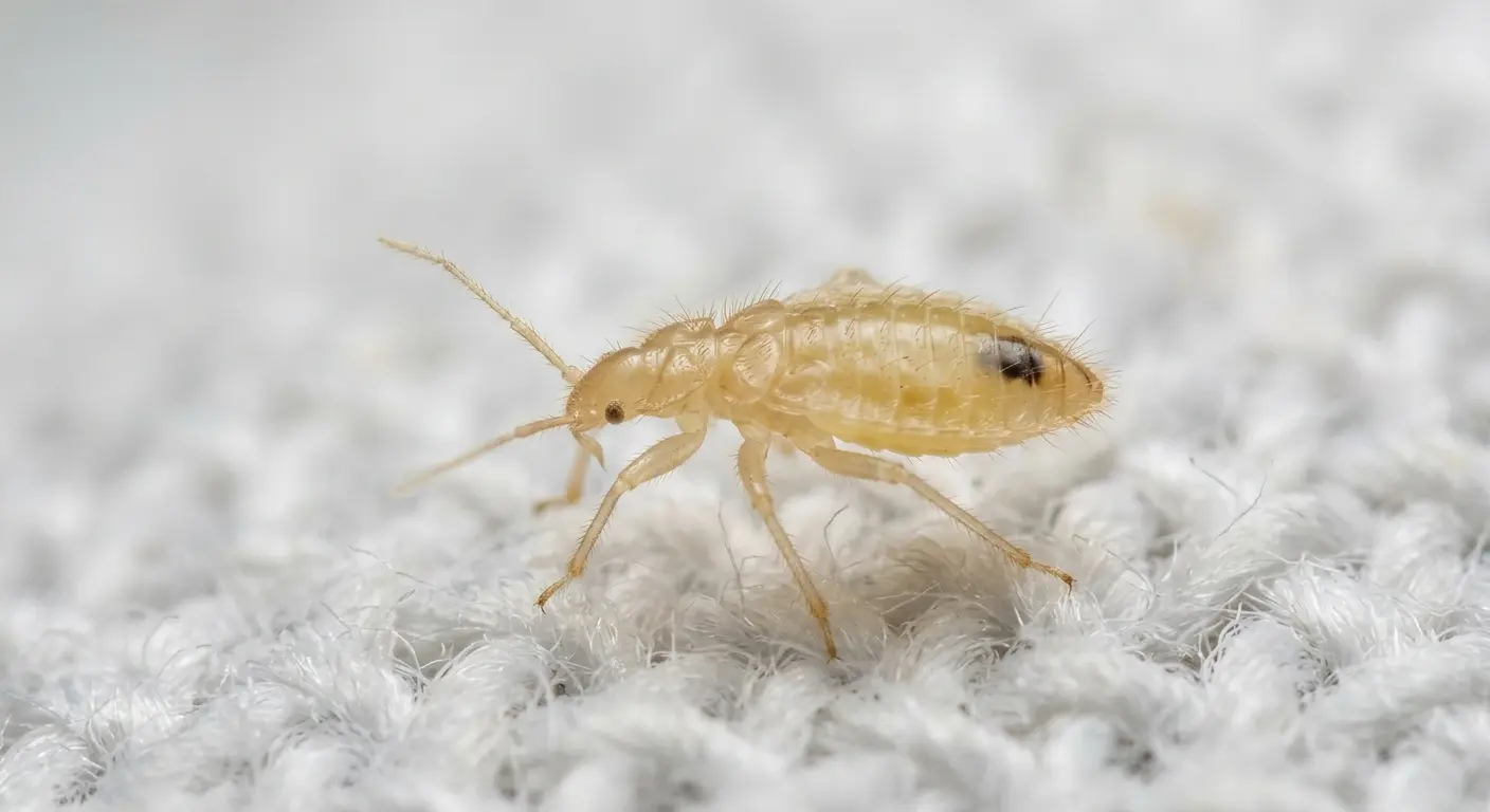 Macro photo of a newborn bed bug nymph showing translucent pale-yellow body and legs