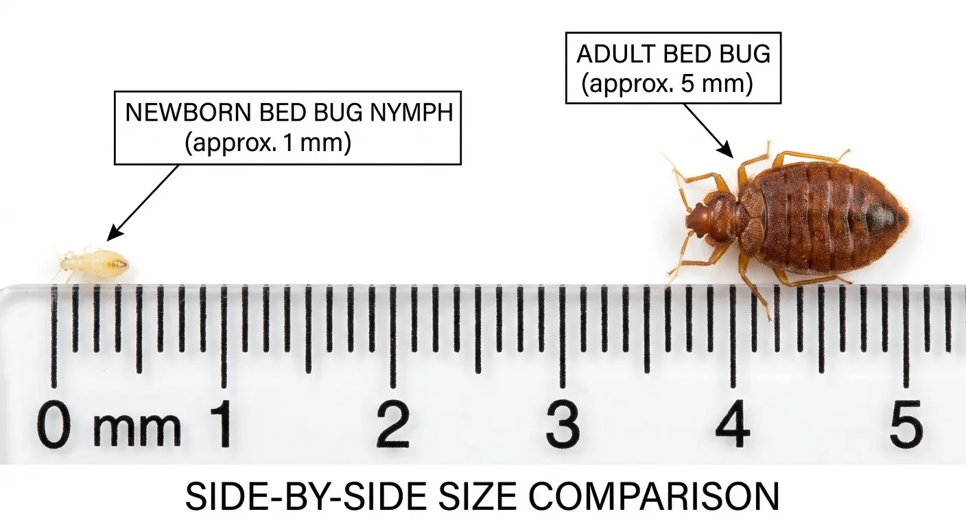 Size comparison of newborn bed bug nymph and adult bed bug on a ruler