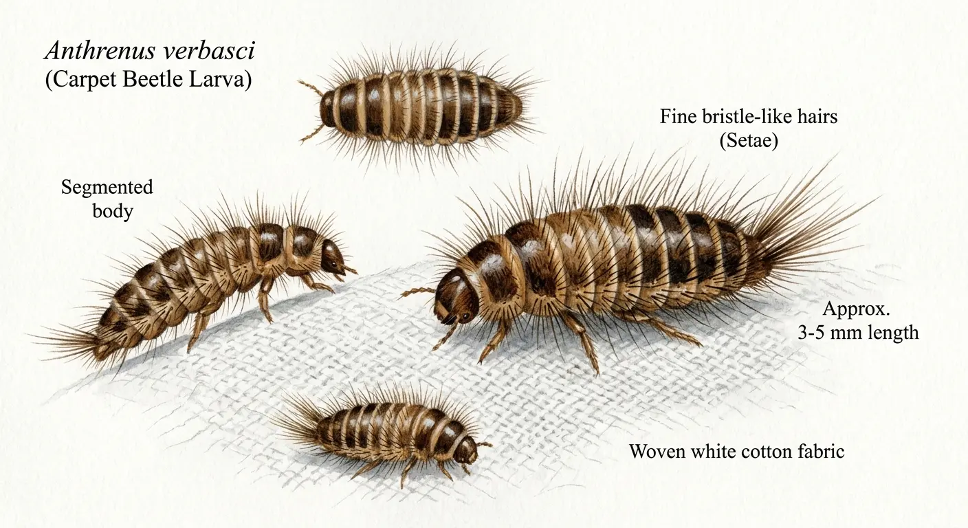 Tiny black bugs in bed not bed bugs: hairy carpet beetle larvae on a white bedsheet