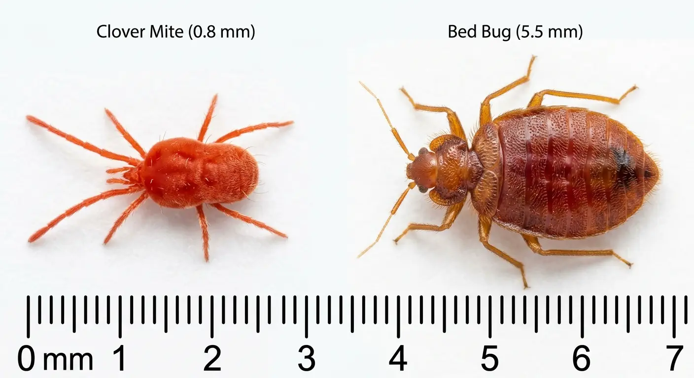 Tiny red bugs in bed not bed bugs: clover mite vs bed bug size comparison with ruler