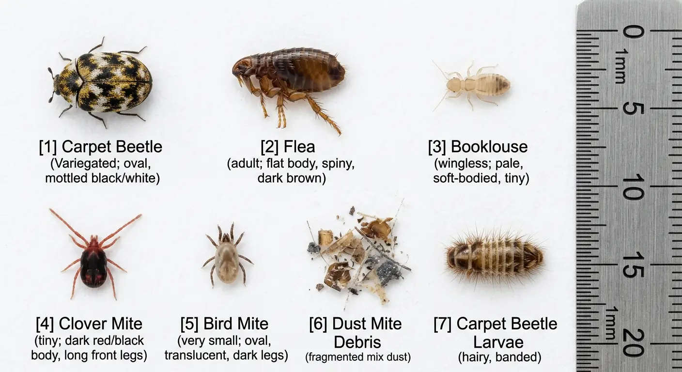 Tiny bugs in bed not bed bugs: comparison photo of carpet beetle, flea, booklouse, clover mite, bird mite, and dust mite debris
