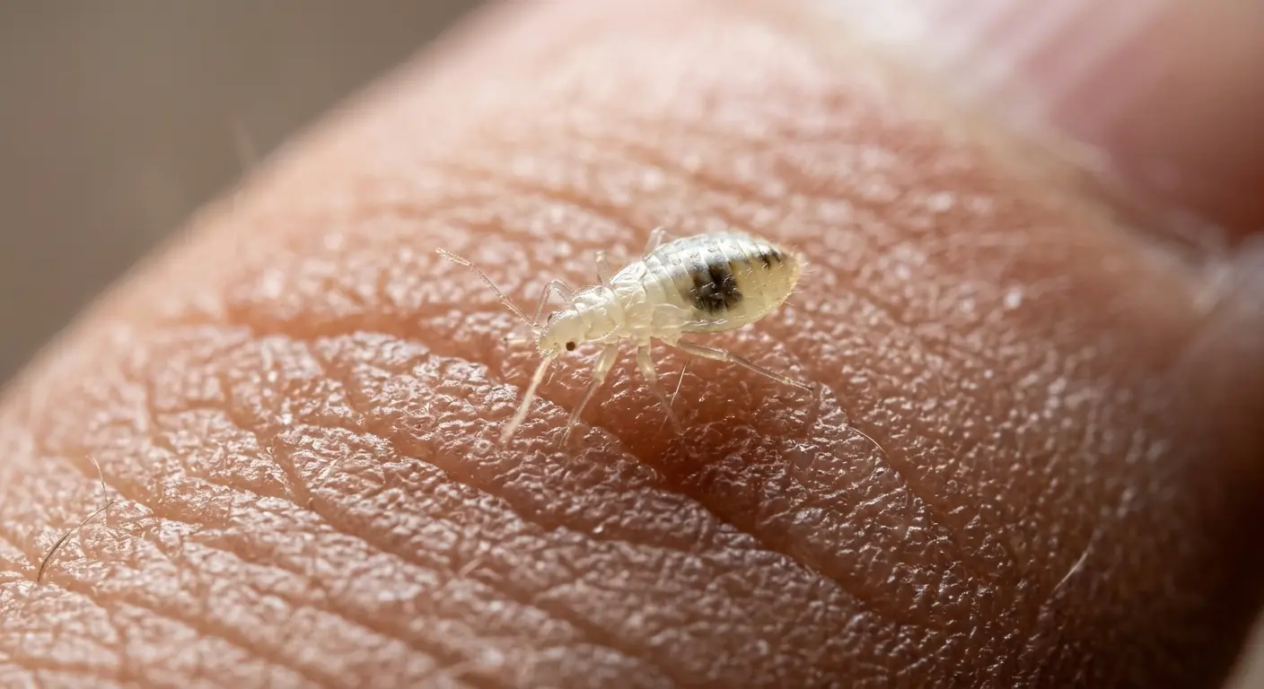 Baby bed bug nymph on a fingertip showing tiny translucent size compared to a finger