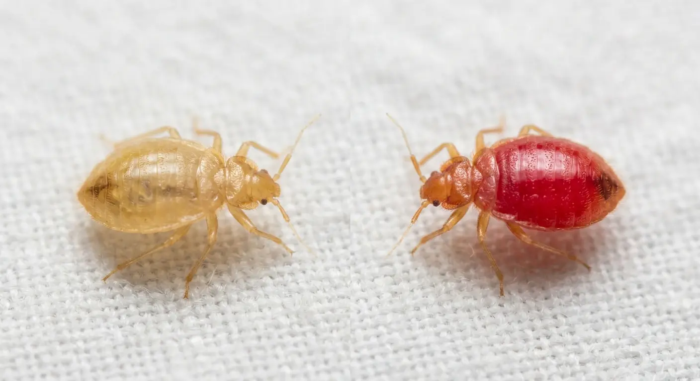 Comparison of unfed translucent baby bed bug and fed red baby bed bug side by side