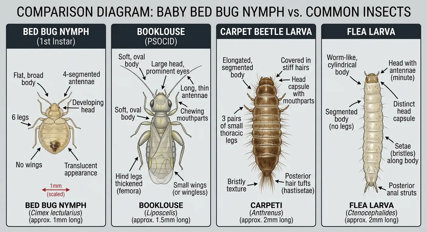 Diagram comparing baby bed bug with booklice, carpet beetle larvae, and flea larvae