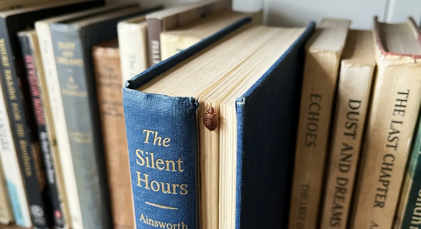 Bed bug hiding in a book spine, showing where bed bugs hide in books