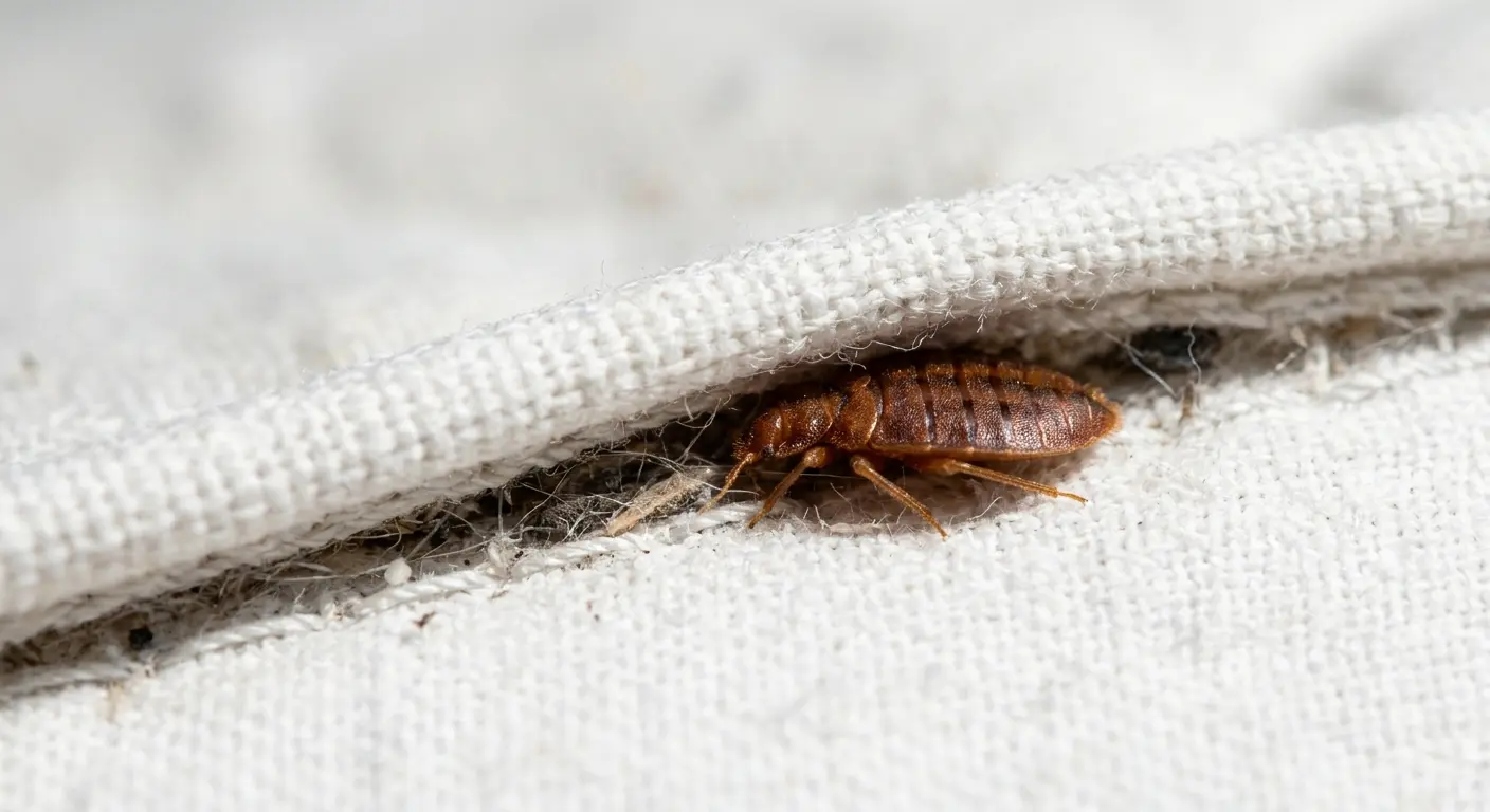 Close-up of a bed bug hiding in a mattress seam, showing where bed bugs hide