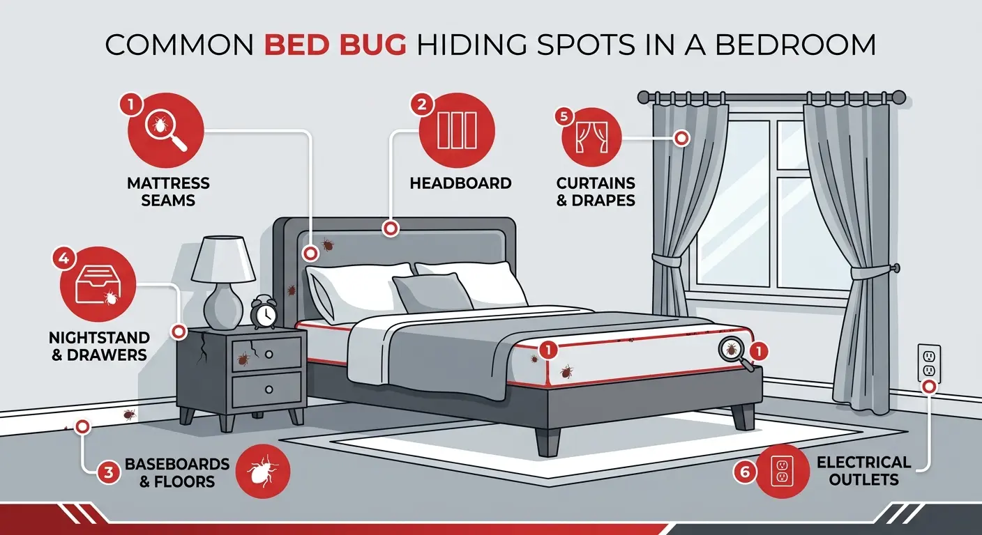 Infographic of common bed bug hiding spots in a bedroom, including mattress, headboard, and baseboards