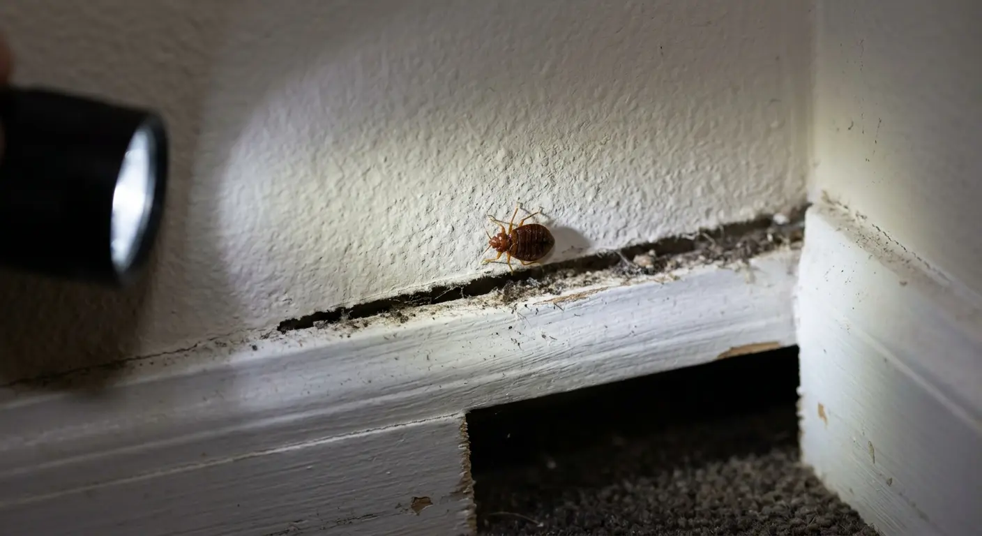 Bed bug on a wall near a baseboard, illustrating bed bugs on walls hiding spots