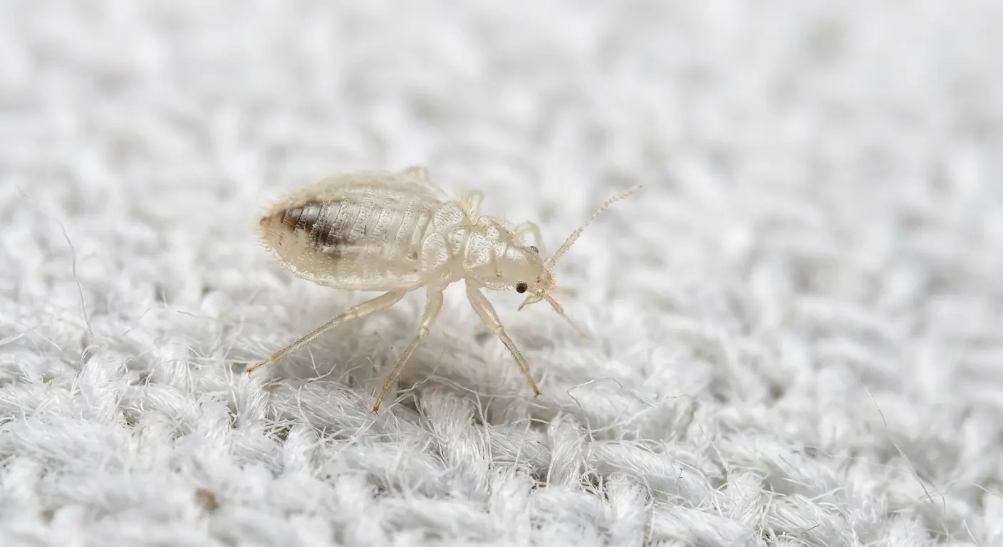 Close-up of a white bed bug nymph, an unfed pale translucent insect on fabric