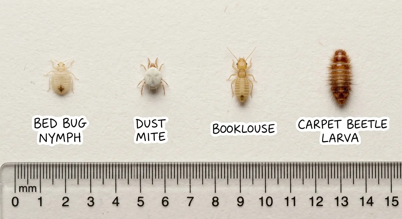 Comparison of white bed bug nymph with dust mite, booklouse, and carpet beetle larvae